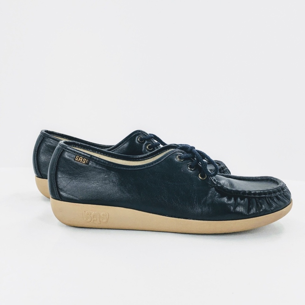 SAS Womens Comfort Loafer Blue Leather Siesta Moc Toe Lace Up Shoe 10.5 Narrow